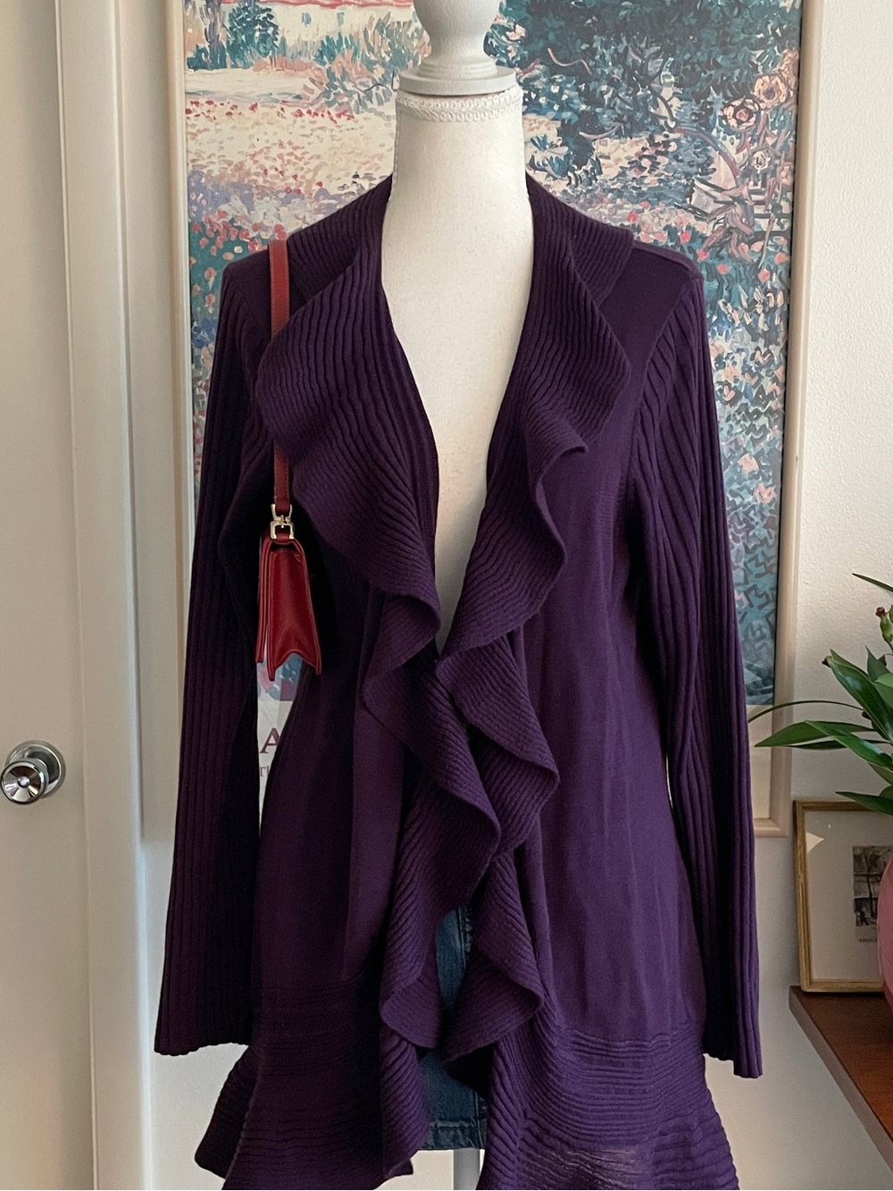 Vintage Y2K Ruffle Front Cardigan Large Purple Ribbed Boho Romantic Whimsigoth